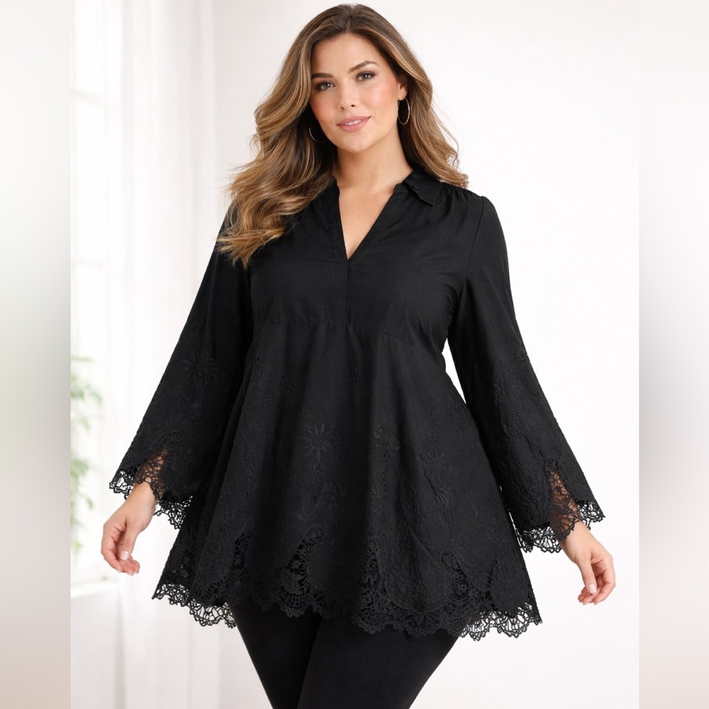 Roaman’s Black Embroidered Poplin Swing Tunic 20W NWT - Picture 2 of 8